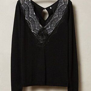 Anthropologie Mariana Pullover Black Sweater with Lace Trimmed V-Neck